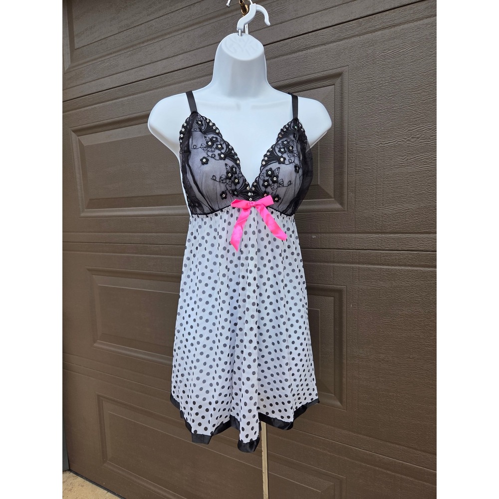 Polka Dot Mesh Babydoll Chemise Black White Lace Sequin Pink Bow 3X 4X Lingerie